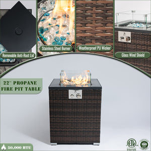 English Elm 22" 22" Propane Fire Pit Table 40,000 BTU with Glass Wind Guard, PE Wicker Base, Rain Cover, Lid W853120911