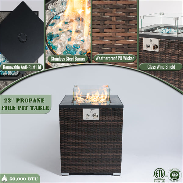 English Elm 22" 22" Propane Fire Pit Table 40,000 BTU with Glass Wind Guard, PE Wicker Base, Rain Cover, Lid W853120911