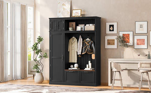 English Elm 3-in-1 Entryway Hall Tree with Cabinet Hooks Bench Drawers and Adjustable Shelving Black SJ000160AAB