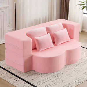 English Elm Queen Foldable Sofa Bed with Plush Chenille Cover, High-Density Foam Convertible Futon for Living Room Guest Room Bedroom Pink W1829P348205