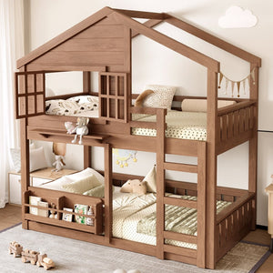 English Elm Full Bunk Bed with Trundle Bookshelf Storage Pine Frame Car Design for Kids W1580S00521