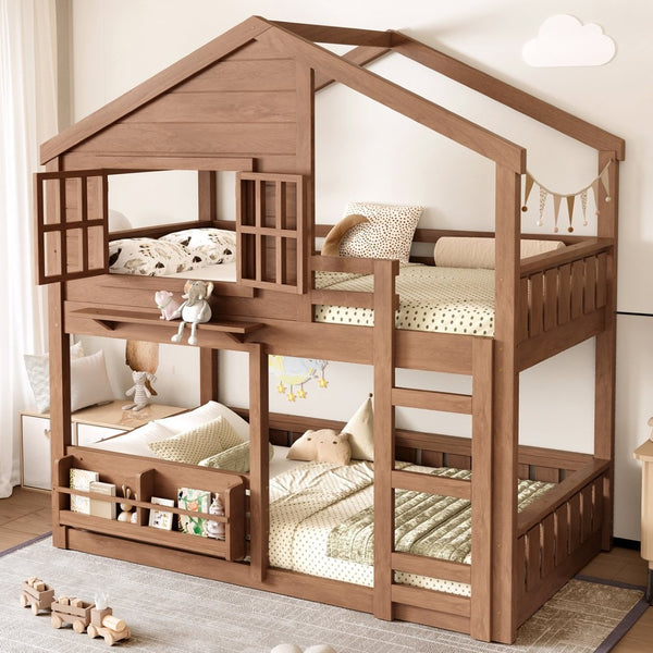 English Elm Full Bunk Bed with Trundle Bookshelf Storage Pine Frame Car Design for Kids W1580S00521