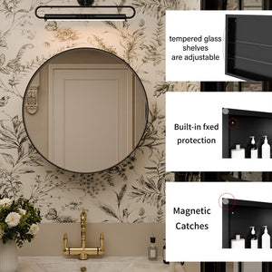 English Elm 23.6 Inch Round Matte Metal Medicine Cabinet with Mirrored Door and Adjustable Shelves Black W1435P312263