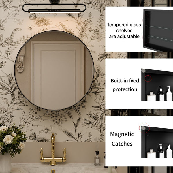 English Elm 23.6 Inch Round Matte Metal Medicine Cabinet with Mirrored Door and Adjustable Shelves Black W1435P312263