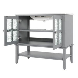 English Elm Christopher Knight Home® - 36" Bathroom Vanity with Ceramic Sink, Solid Wood Legs, Waterproof Finish, Soft-Close Hinges, Open Shelf, Silver Knobs Gray N817P286249G