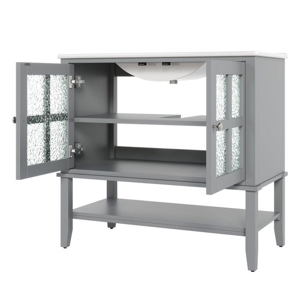 English Elm Christopher Knight Home® - 36" Bathroom Vanity with Ceramic Sink, Solid Wood Legs, Waterproof Finish, Soft-Close Hinges, Open Shelf, Silver Knobs Gray N817P286249G