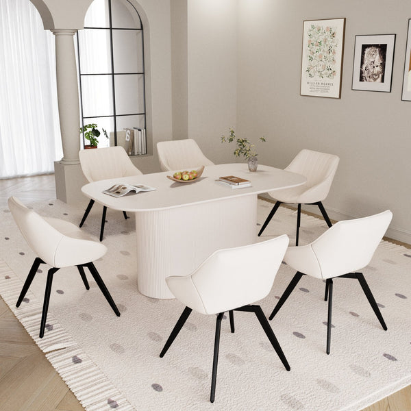 English Elm 63" Cream Mdf Dining Table Set With 6 Beige Pu Chairs & Black Metal Legs – Modern Mid-Century Style W2189S00681