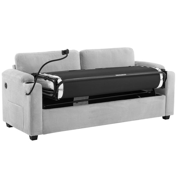 English Elm 72.8" Corduroy Sleeper Sofa Loveseat with Full Mattress, USB Charging, Cup Holders, Storage Pockets Grey N719P208880E