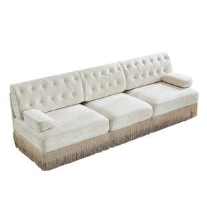 English Elm 3-seater Velvet Sofa with Button Tufting Tassel Fringe Skirt Modular Living Room Design Beige W714S01684