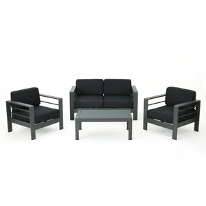 English Elm Christopher Knight Home® - CAPE Coastal Aluminum Outdoor 4-Piece Chat Set with Tempered Glass Table, Ergonomic Comfort and Space-Saving Style Gray CAPECORAL4PCSG