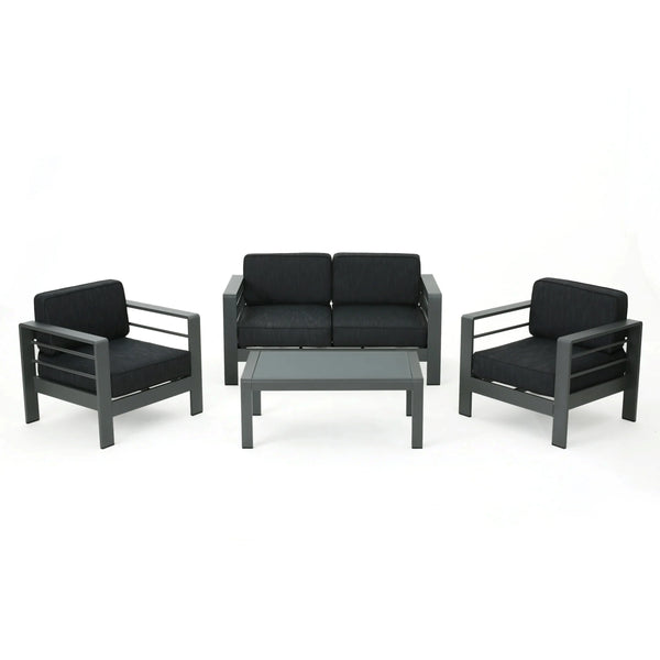 English Elm Christopher Knight Home® - CAPE Coastal Aluminum Outdoor 4-Piece Chat Set with Tempered Glass Table, Ergonomic Comfort and Space-Saving Style Gray CAPECORAL4PCSG