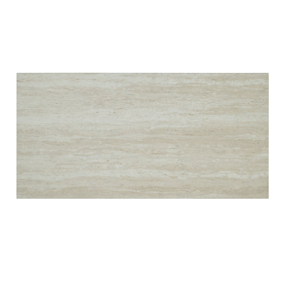 English Elm Two-Tone Travertine Top 3pc Dining Set with Biscuit-Tufted Beige Stools, Black/Gray Transitional Chic B2741P301915