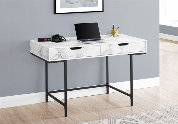 English Elm Computer Desk With Marble-Look Top, Black Metal Base & Storage Drawers – Modern Home Office Solution B2710P219844
