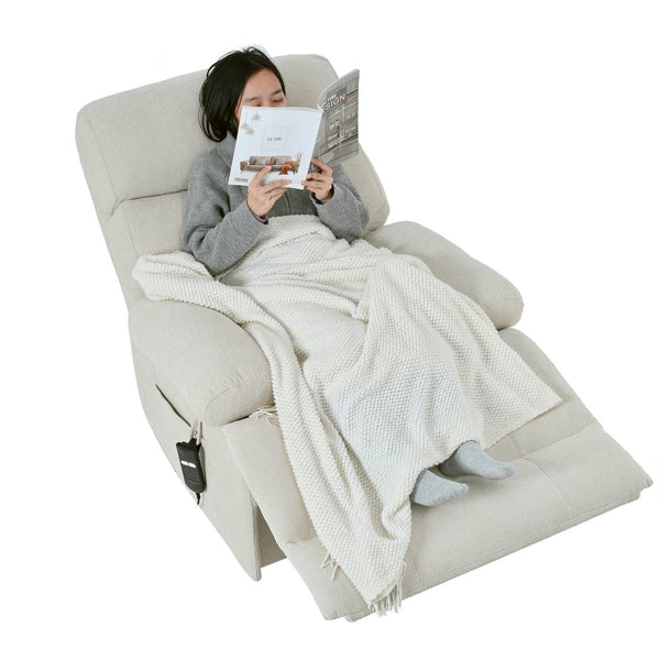 English Elm Oversized Power Lift Recliner Chair with Remote Control, Spacious Fabric Seat and Side Pocket for Comfort and Support Light Gray W1028P261273