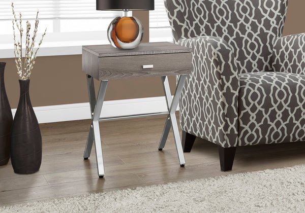 English Elm Accent Elegant Modern Side Table with Glossy Laminate, Chrome Base and Drawer for Living Spaces taupe 22 L x 14 W x 7 H B2710P219242
