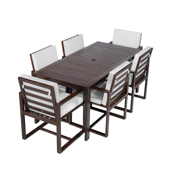 English Elm Patio 7-Piece Acacia Wood Dining Set with Removable Beige Cushions, Durable 330lb Chairs N719Z000090D