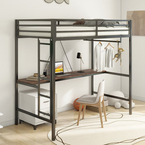 English Elm Adam Sturdy Twin Loft Bed In Black With Cinnamon Desk & Closet Rod - Perfect Space-Saving Solution! B083P154274