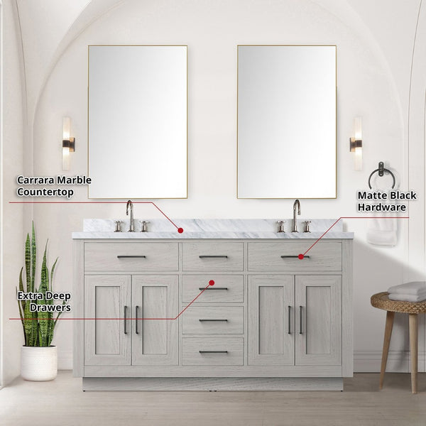 English Elm White Oak Double Bath Vanity Set With Carrara Marble Top, 55" Mirror & Chrome Faucets For Easy Setup B2731S01695-GIGA