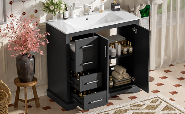 English Elm 36" Modern Bathroom Vanity with Ceramic Sink, Soft-Close Doors, 3 Drawers & Ample Storage for Small Baths Black N729P280194B