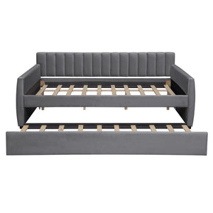 English Elm Full Size Velvet Upholstered Daybed with Pull Out Trundle and Wood Slat Support Gray LP100121AAE