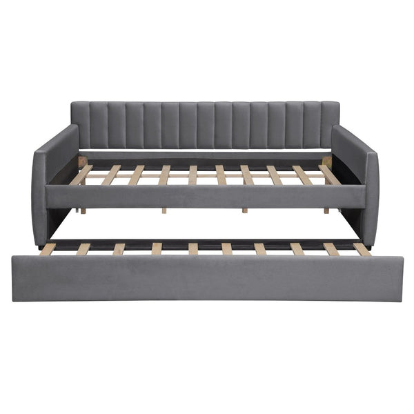 English Elm Full Size Velvet Upholstered Daybed with Pull Out Trundle and Wood Slat Support Gray LP100121AAE