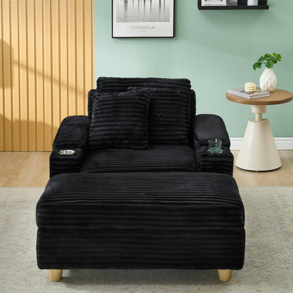 English Elm Black corduroy single sofa with ottoman storage, built-in armrest compartments, removable pillows, modern cozy design W1658S00135
