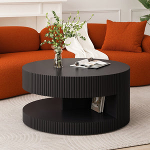 English Elm 31.5'' Round Coffee Table with Hidden Storage and Vertical Stripe Accent, Modern Durable MDF Design Black W757P206007