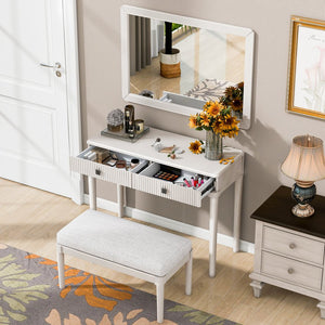 English Elm Modern Vanity Desk with Mirror & Stool, 2 Large Drawers, Fluted Panels, Cushioned Ergonomic Seat, White N844P262898A