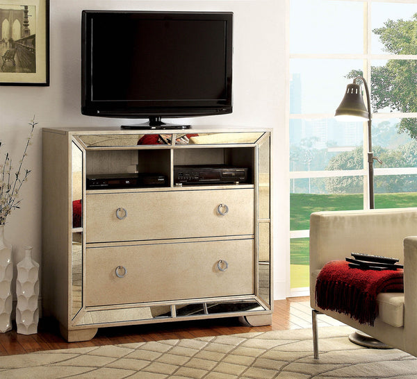 English Elm Unique Luxury Media Chest 46" W Champagne Gray Finish with Antique Mirror Panels, Tufted Glam Design, Ring Pulls B2741P367198