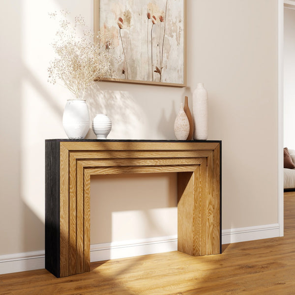 English Elm 47in Modern Wood Console Table Black+Natural — Two-Tone Entryway Sofa Table, Durable Rustic Style W3123P333722