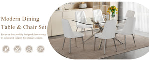 English Elm Table Set - Modern Luxurious Transparent Glass Dining Table With 4 White Pu Chairs & Silver Legs W1151S04192-GIGA