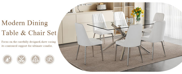 English Elm Table Set - Modern Luxurious Transparent Glass Dining Table With 4 White Pu Chairs & Silver Legs W1151S04192-GIGA