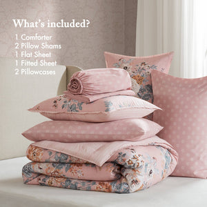 English Elm 7-piece Vintage Floral Comforter Set Reversible Blush Pink Polyester Bedroom Bedding B035P408235