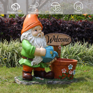 English Elm Outdoor Gnome Statue with Integrated Planter Bowl Whimsical Garden Focal Point W5398P455469