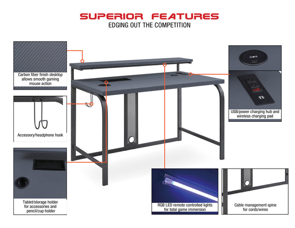 OSP Home Furnishings Reload 48" Gaming Desk Grey