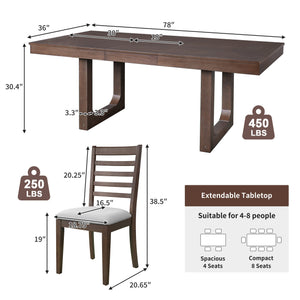 English Elm 7 Extendable Dining Table Set with 18" Leaf and 6 Upholstered Chairs — Rustic Farmhouse 60–78" Wood Veneer Table Brown N752S000090D