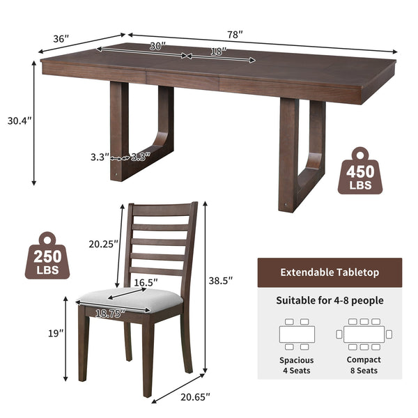 English Elm 7 Extendable Dining Table Set with 18" Leaf and 6 Upholstered Chairs — Rustic Farmhouse 60–78" Wood Veneer Table Brown N752S000090D