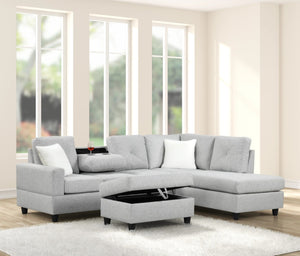 English Elm Modern L-shaped Sectional with Button Tufted Back and Drop Down Center Table Gray B2771P498533