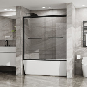 English Elm Goodyo Matte Black Framed Sliding Tub Enclosure Tempered Glass Bathtub Shower Door W1223S00045