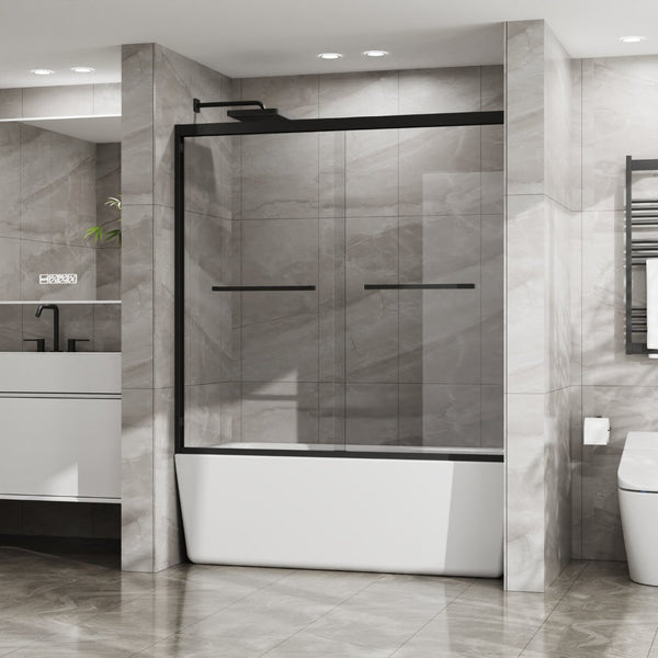 English Elm Goodyo Matte Black Framed Sliding Tub Enclosure Tempered Glass Bathtub Shower Door W1223S00045