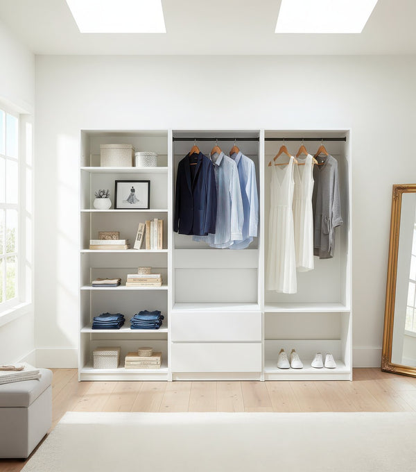 English Elm Prosper White Freestanding Walk-In Wood Closet System — Modular Oak Finish, Durable Melamine, Easy Assembly B040S00146