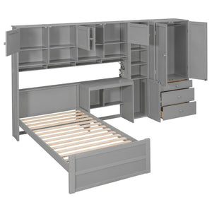 English Elm Wooden Twin Loft Bed with Built-in Desk Wardrobe Storage Drawers and Led Lighting N820S00069E