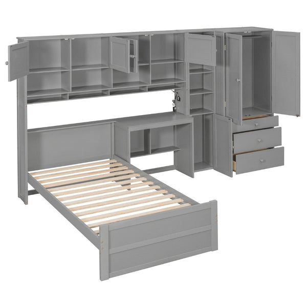 English Elm Wooden Twin Loft Bed with Built-in Desk Wardrobe Storage Drawers and Led Lighting N820S00069E