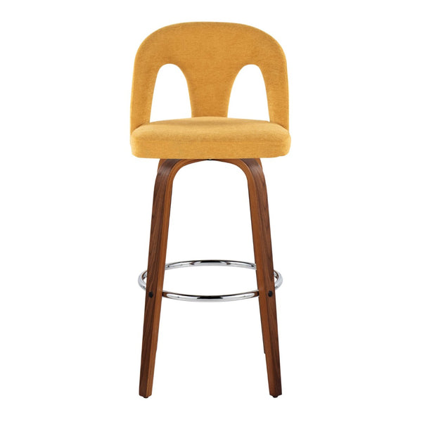 English Elm Fixed-height Swivel Barstools Walnut Bentwood Legs Chrome Footrest Yellow Seat Set of 2 B202S01881