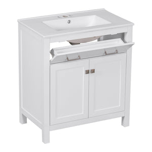 English Elm 60" Modern Bathroom Vanity Set with Double Ceramic Sinks, Soft-Close Doors, Flip Drawer & Storage White N729P000002K