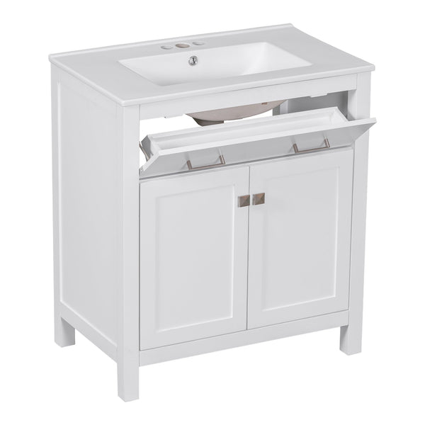 English Elm 60" Modern Bathroom Vanity Set with Double Ceramic Sinks, Soft-Close Doors, Flip Drawer & Storage White N729P000002K