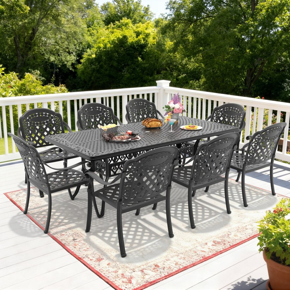 English Elm 9-piece Cast Aluminum Outdoor Dining Set Ornate Scrollwork Powder Coated Patio Furniture W1710S00611