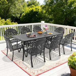 English Elm 9-piece Cast Aluminum Outdoor Dining Set Ornate Scrollwork Powder Coated Patio Furniture W1710S00611