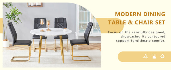 English Elm Table and Chair Set Extendable Mdf Round Oval Dining with Gold Arched Legs Black,White+Gold W1151S03945