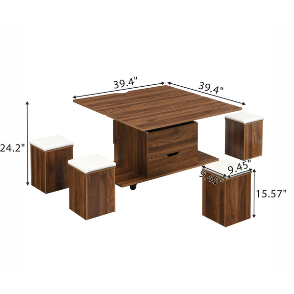 English Elm Christopher Knight Home® - Multi-Functional Lift-Top Coffee Table with Hidden Storage, 4 Stools, Lockable Casters & Desk Space Walnut,White N770P309783W